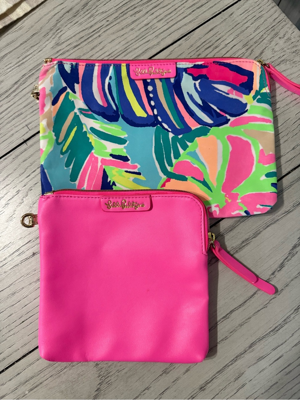 Lilly Pulitzer Neon Pink Solid Wristlet with Multicolor Tropical Printed Pouch